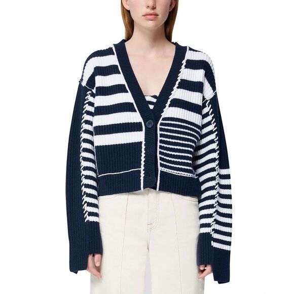 SIMKHAI Sweaters - SIMKHAI Womens Adara Navy Wool Blend Ribbed V Neck Cardigan Sweater